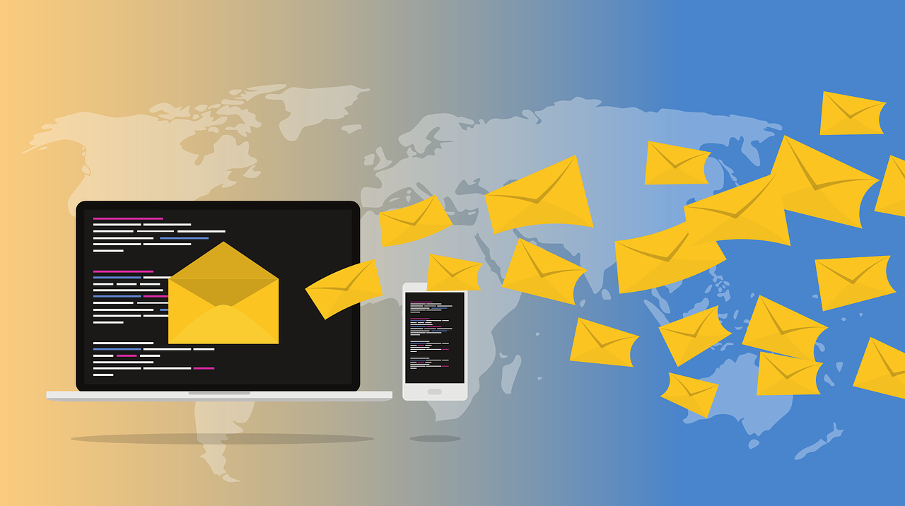 Email newsletter guide: Parts 1, 2 and 3. Image is of illustration of computer and mobile phone screens, with envelopes flowing from computer screen