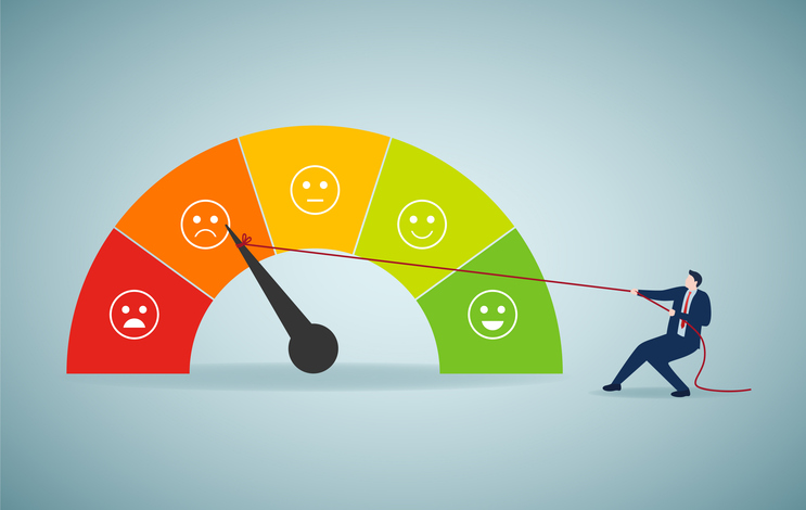 Performance rating or customer feedback, credit score or satisfaction measurement, quality control or improvement concept, strong businessman pull the string to make rating gauge to be excellent.regulate emotion for article on honest feedback