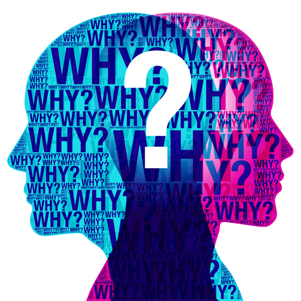 silhouettes of heads looking in opposite directions, each filled with multiple "whys" and a question mark in the middle for article on multiple passions