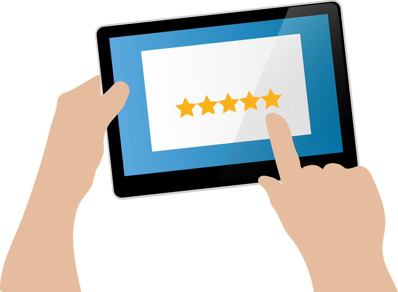 Illustration of an iPad-like device being held with 5 stars on the screen and an outstretched right pointer finger tapping on the fifth star. Image used for SmartBrief story headline: 3 Google Reviews strategies you’re not using