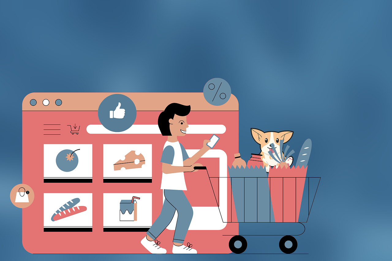 Illustration of a laptop computer screen depicting online grocery shopping with a personal shopper in front, pushing a grocery cart, seemingly filling the online order. Image used for: "Survey: Online grocery shopping will be a key customer experience touchpoint" in SmartBrief