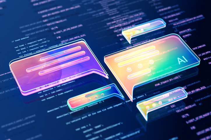 Digital generated image of abstract AI data chat icons flying over digital surface with codes for article on AI tools for teachers