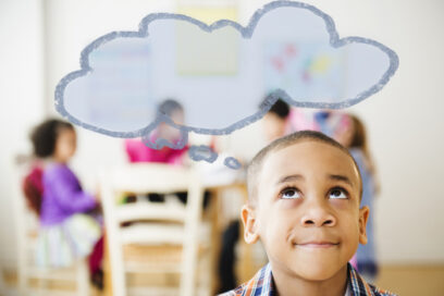 Boy with thought bubble over his head for article on invention education