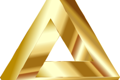 Image of a golden colored Penrose Triangle Optical Illusion. Used for a SmartBrief article with headline The 3 points needed for “golden triangle” of market research