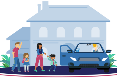 Illustration of parents loading small children into car for article on homeless student school transportation