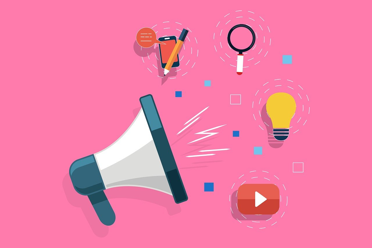 An illustration of a megaphone against a pink background, with the megaphone an example of marketers using mobile phones, YouTube, lightbulb and a macnifing glass symoblizing ways marketers target audiences. Image is used with a SmartBrief Marketing Original titled "Mimetic behavior and Aspiration Economy: Who's really choosing what you want?"